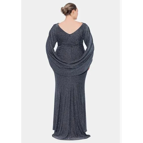 Betsy &amp; Adam Women Long Metallic Knit Dress with Drape Back Detail-Plus Size 18W