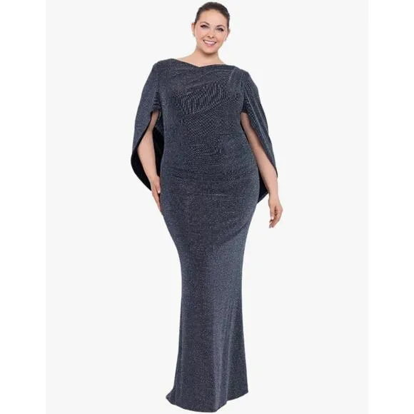 Betsy &amp; Adam Women Long Metallic Knit Dress with Drape Back Detail-Plus Size 18W
