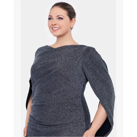 Betsy &amp; Adam Women Long Metallic Knit Dress with Drape Back Detail-Plus Size 18W