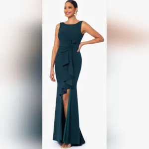 Betsy &amp; Adam CHRISTINE SCUBA CREPE RUFFLED BOW GOWN NWT size 4 Green