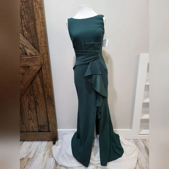 Betsy &amp; Adam CHRISTINE SCUBA CREPE RUFFLED BOW GOWN NWT size 4 Green