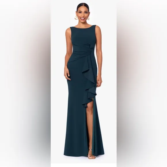 Betsy &amp; Adam’s Home &quot;CHRISTINE&quot; SCUBA CREPE RUFFLED BOW GOWN
