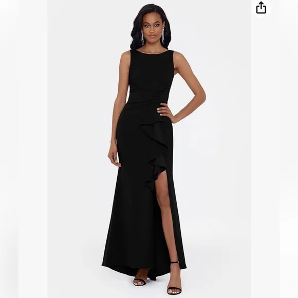 Betsy &amp; Adam’s Home &quot;CHRISTINE&quot; SCUBA CREPE RUFFLED BOW GOWN