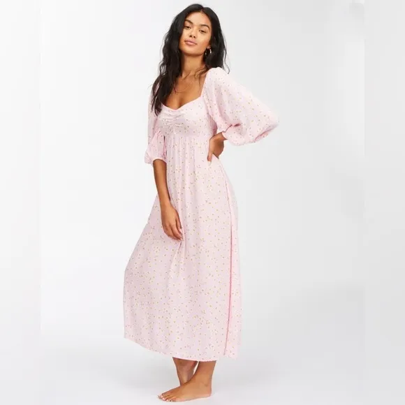Billabong Pink Floral Ditsy Midi Dress Swept Away Beach Coastal Easter Boho S
