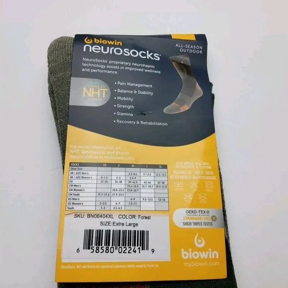Biowin Neurosocks All Season Outdoor Wool Blend Crew Forest Green Socks Size XL