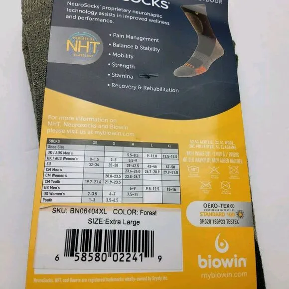 Biowin Neurosocks All Season Outdoor Wool Blend Crew Forest Green Socks Size XL