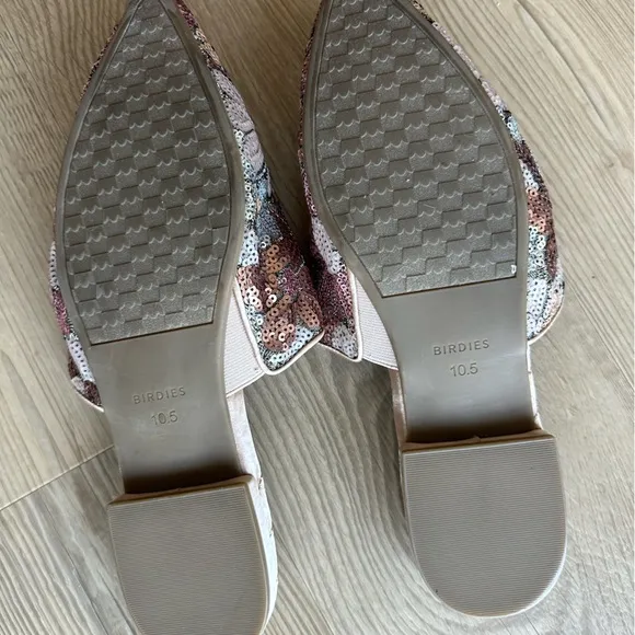 Birdies Shoes The Dove Floral Pink Petal Sequin Slip On Mule Women's Sz 10.5