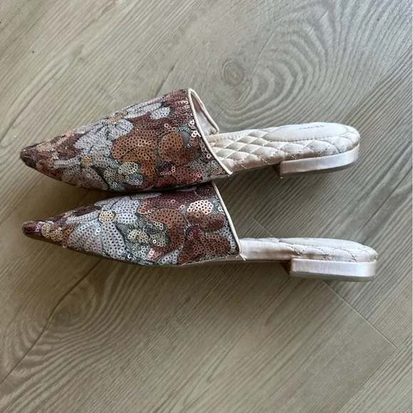 Birdies Shoes The Dove Floral Pink Petal Sequin Slip On Mule Women's Sz 10.5