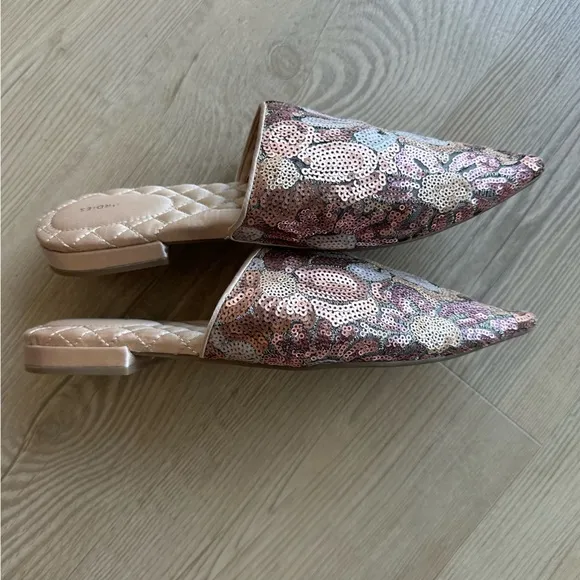 Birdies Shoes The Dove Floral Pink Petal Sequin Slip On Mule Women's Sz 10.5