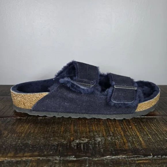 Birkenstock Arizona Womens Size 7 Regular Strap Slides Sandal Fur Lined Blue 38