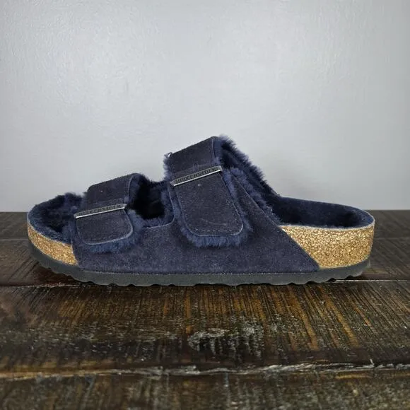 Birkenstock Arizona Womens Size 7 Regular Strap Slides Sandal Fur Lined Blue 38