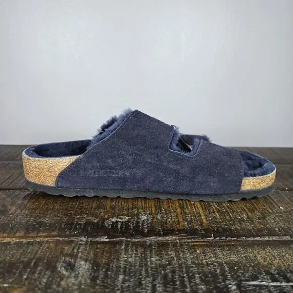 Birkenstock Arizona Womens Size 7 Regular Strap Slides Sandal Fur Lined Blue 38