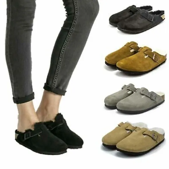 Birkenstock Boston Fur Lined Shearing Sandals/ Clog Shoes (Black) size 37