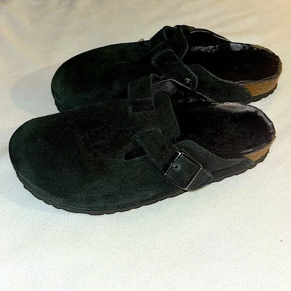 Birkenstock Boston Fur Lined Shearing Sandals/ Clog Shoes (Black) size 37