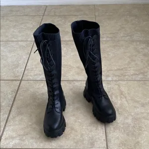 Black Lace-Up Knee-High Boots
