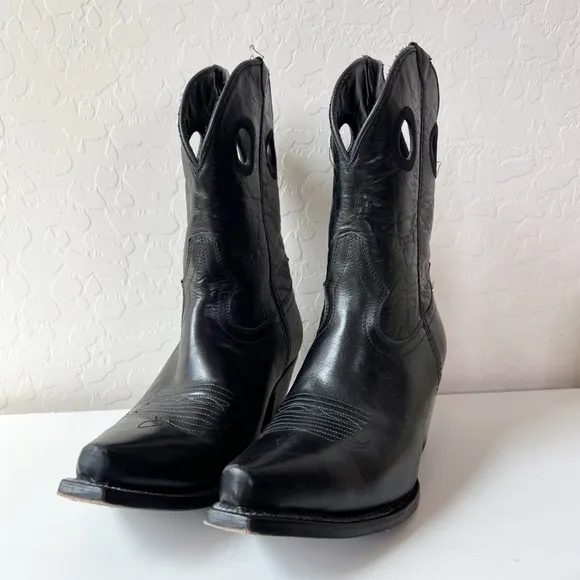 Black Star Black Snip Toe Cowboy Boots Matador Leather Cutout Western