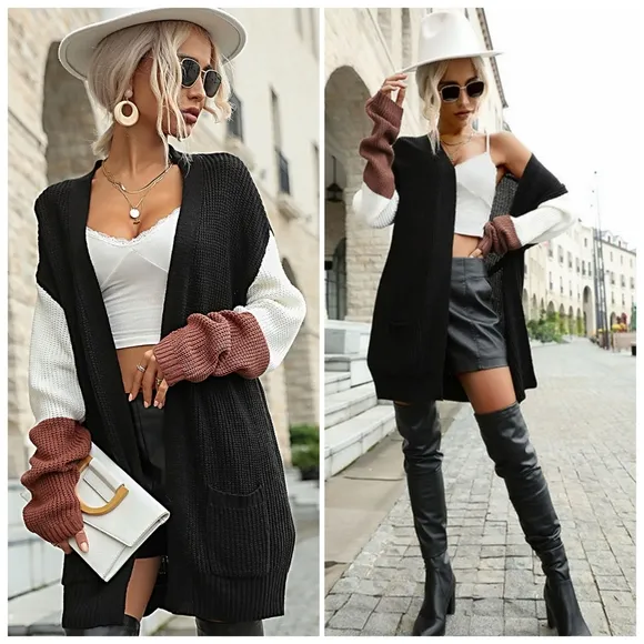 Black Tricolor Dropped Shoulder Cardigan