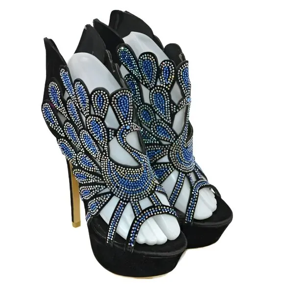 Black Velvet Blue Sequin Jeweled Stilettoes Christmas Holiday Party Heels 6