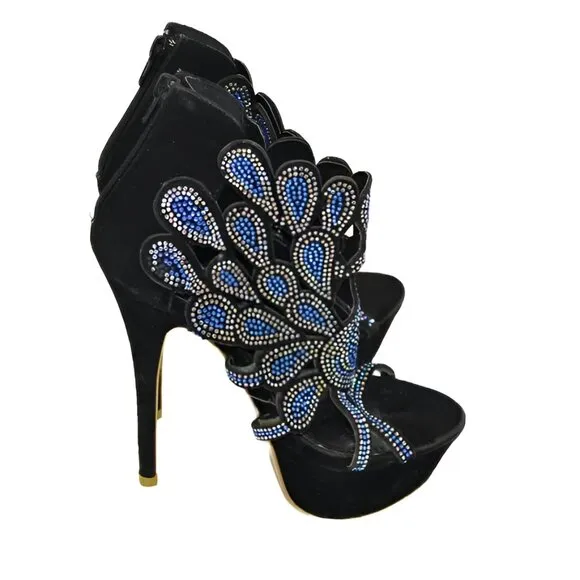 Black Velvet Blue Sequin Jeweled Stilettoes Christmas Holiday Party Heels 6