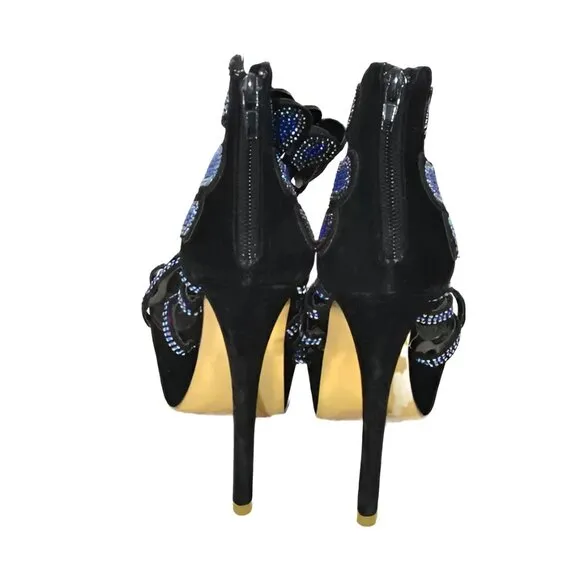 Black Velvet Blue Sequin Jeweled Stilettoes Christmas Holiday Party Heels 6