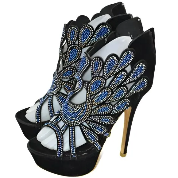 Black Velvet Blue Sequin Jeweled Stilettoes Christmas Holiday Party Heels 6