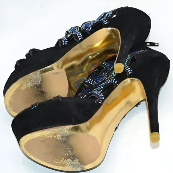 Black Velvet Blue Sequin Jeweled Stilettoes Christmas Holiday Party Heels 6