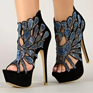 Black Velvet Blue Sequin Jeweled Stilettoes Christmas Holiday Party Heels 6