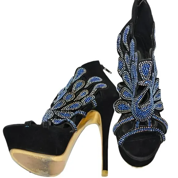 Black Velvet Blue Sequin Jeweled Stilettoes Christmas Holiday Party Heels 6