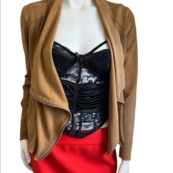 BLANK NYC Drape Front Faux Suede Zip Up Jacket In Hazelnut Brown Sz Small