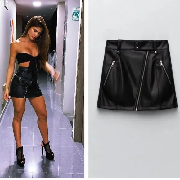 BLOGGER'S FAVE! Zara Black Faux Leather Moto Skirt With Zippers Sz S NWT