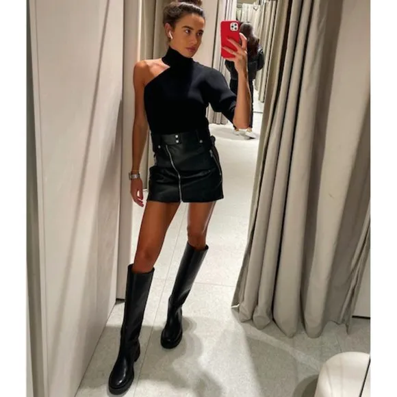 BLOGGER'S FAVE! Zara Black Faux Leather Moto Skirt With Zippers Sz S NWT