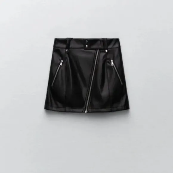 BLOGGER'S FAVE! Zara Black Faux Leather Moto Skirt With Zippers Sz S NWT