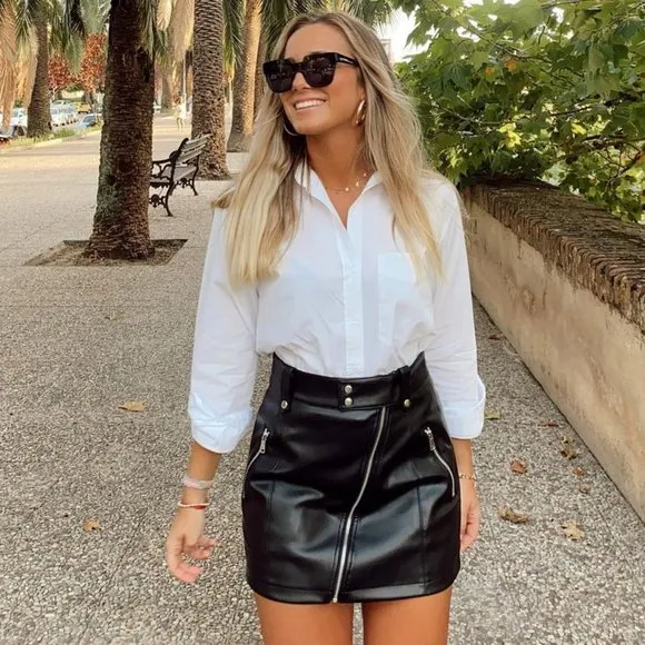 BLOGGER'S FAVE! Zara Black Faux Leather Moto Skirt With Zippers Sz S NWT