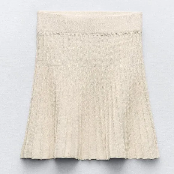 BLOGGER'S FAVE! Zara Pleated Rustic Knit Mini Skirt Ecru White NWT