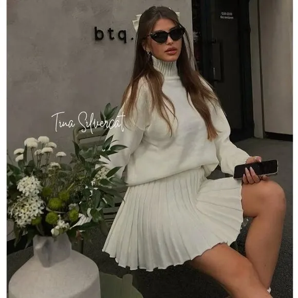BLOGGER'S FAVE! Zara Pleated Rustic Knit Mini Skirt Ecru White NWT