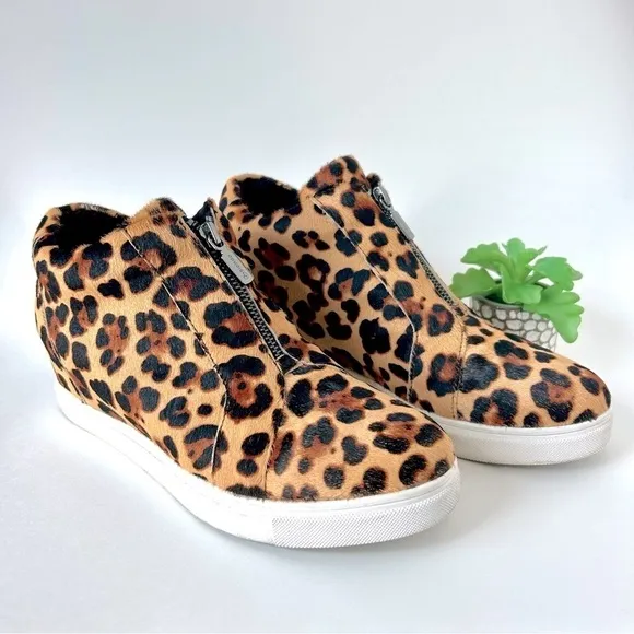 Blondo Leopard Glenda Waterproof Zip Up Hidden Wedge Heel Sneakers Calf Hair 10