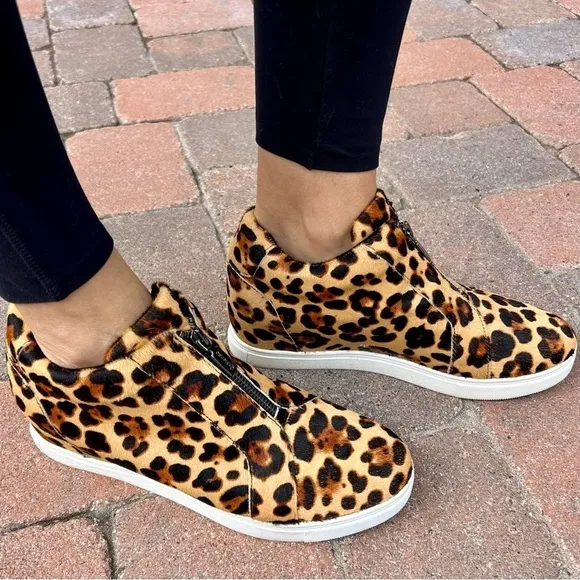 Blondo Leopard Glenda Waterproof Zip Up Hidden Wedge Heel Sneakers Calf Hair 10