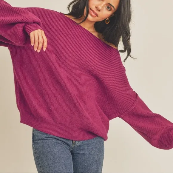 Boat Neck Sweater Women's Magenta Off-Shoulder Sweater