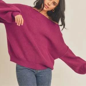 Boat Neck Sweater Women's Magenta Off-Shoulder Sweater