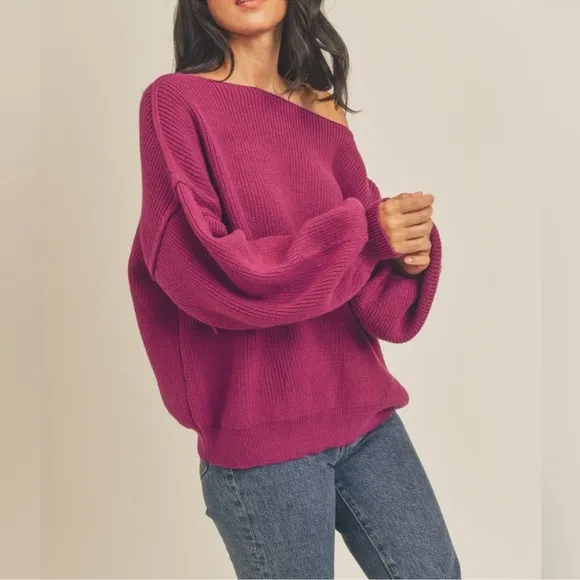 Boat Neck Sweater Women's Magenta Off-Shoulder Sweater