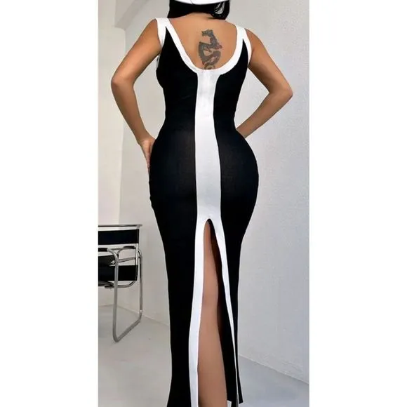 Bold Black and White Contrast Classic Dress