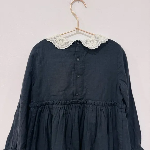 Bonpoint Kids little girls 100% cotton lace Peter pan collar black Dress NEW