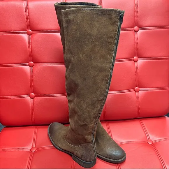 Born Brown Suede Leather Round Toe Low Heel Full Back Zip Boots Sz6 or 8.5 NWOB