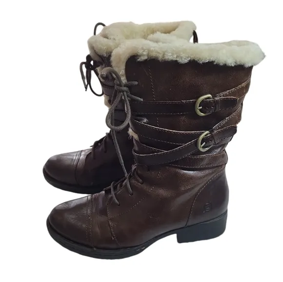 BORN Zuniga Canoe Brown Leather Boots Shearling Zip Laced Military lamb fur 8