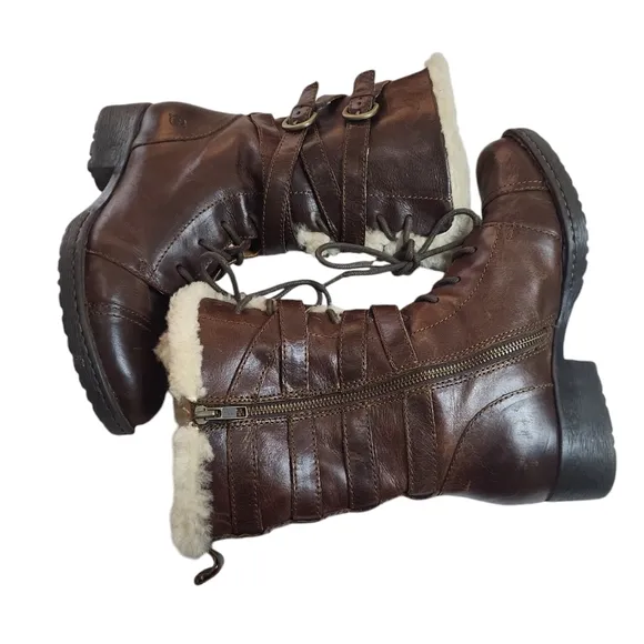 BORN Zuniga Canoe Brown Leather Boots Shearling Zip Laced Military lamb fur 8