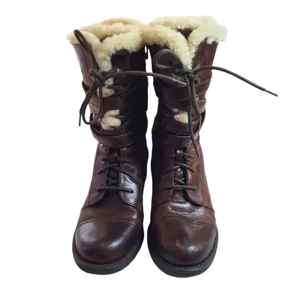BORN Zuniga Canoe Brown Leather Boots Shearling Zip Laced Military lamb fur 8