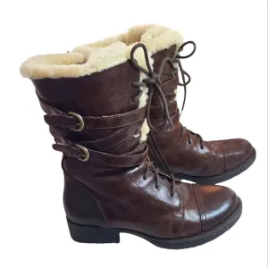 BORN Zuniga Canoe Brown Leather Boots Shearling Zip Laced Military lamb fur 8