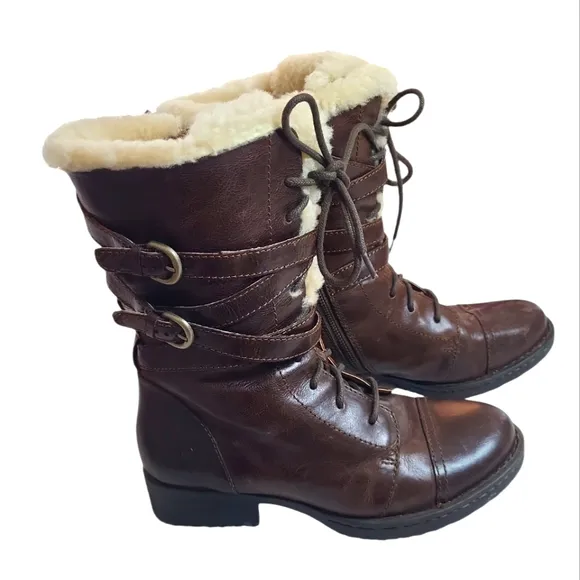 BORN Zuniga Canoe Brown Leather Boots Shearling Zip Laced Military lamb fur 8