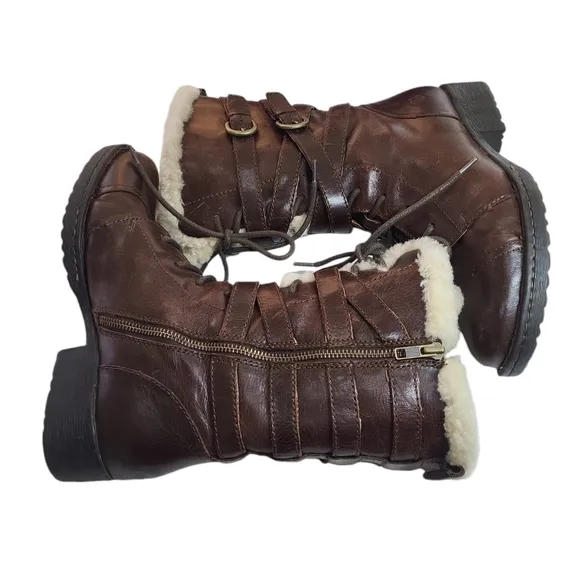 BORN Zuniga Canoe Brown Leather Boots Shearling Zip Laced Military lamb fur 8
