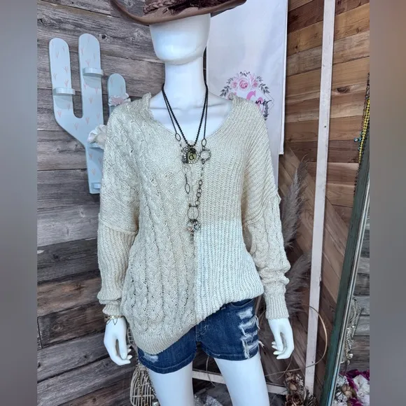 Boutique Brand Beige V Neck Loose Knit Patchwork Sweater